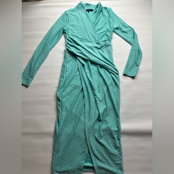 Rachel Roy teal eyelet faux wrap dress with mock collar. Size M - Picture 2 of 11